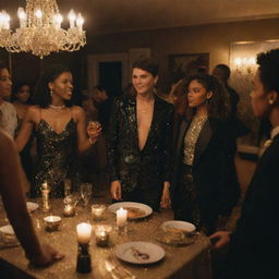 A realistic scene of characters from the TV series 'Euphoria' at a black and gold themed house party. The character's unique styles shine amidst the luxurious contrast of black and glittering gold decor.