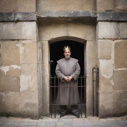 An imposing jail with stone walls and iron bars, lorded over by a stern king. Despite his regal attire, he exhibits a firm understanding of justice and authority.