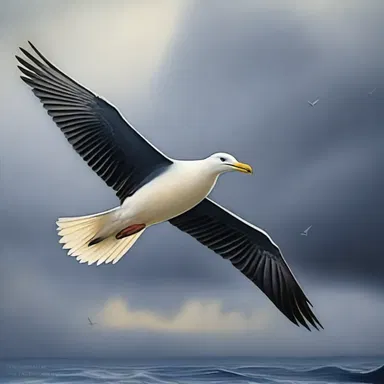 The artist's painting showcased a majestic solan soaring gracefully through the stormy skies, capturing the beauty and power of this magnificent seabird.