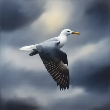 The artist's painting showcased a majestic solan soaring gracefully through the stormy skies, capturing the beauty and power of this magnificent seabird.