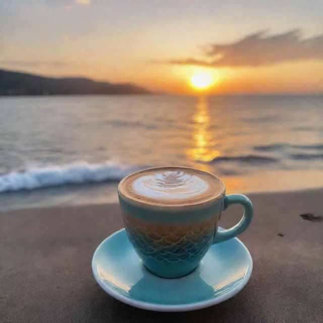 A cup of coffee with intricate latte art in the form of a mermaid, set against the backdrop of a breathtaking sunset over the sea.