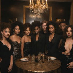 Hyper-realistic image of the 'Euphoria' cast at a lavish house party with black and gold decor. Their distinctive styles stand out against the opulent background, creating an air of sophisticated drama and intense emotions.