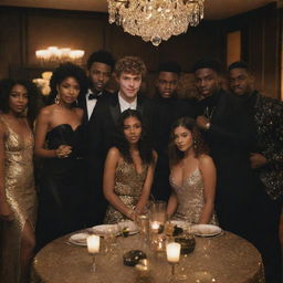 Hyper-realistic image of the 'Euphoria' cast at a lavish house party with black and gold decor. Their distinctive styles stand out against the opulent background, creating an air of sophisticated drama and intense emotions.