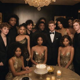 Hyper-realistic image of the 'Euphoria' cast at a lavish house party with black and gold decor. Their distinctive styles stand out against the opulent background, creating an air of sophisticated drama and intense emotions.