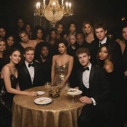 Hyper-realistic image of the 'Euphoria' cast at a lavish house party with black and gold decor. Their distinctive styles stand out against the opulent background, creating an air of sophisticated drama and intense emotions.