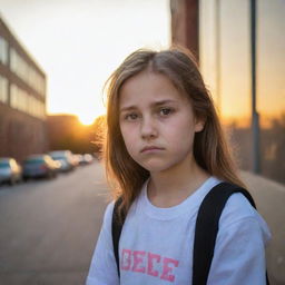 A ten-year-old girl with a sad expression in an urban setting during sunset.