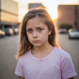 A ten-year-old girl with a sad expression in an urban setting during sunset.