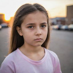 A ten-year-old girl with a sad expression in an urban setting during sunset.