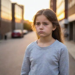 A ten-year-old girl with a sad expression in an urban setting during sunset.