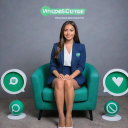 A young woman, dressed in professional attire suggesting she's a social media marketer and enterpreneur, seated between polished 3D models of the WhatsApp and Instagram logos. Behind her is bold text stating 'earn_with_alisha08'.