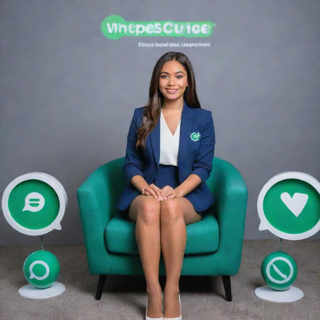 A young woman, dressed in professional attire suggesting she's a social media marketer and enterpreneur, seated between polished 3D models of the WhatsApp and Instagram logos. Behind her is bold text stating 'earn_with_alisha08'.