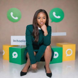 A young woman, dressed in professional attire suggesting she's a social media marketer and enterpreneur, seated between polished 3D models of the WhatsApp and Instagram logos. Behind her is bold text stating 'earn_with_alisha08'.