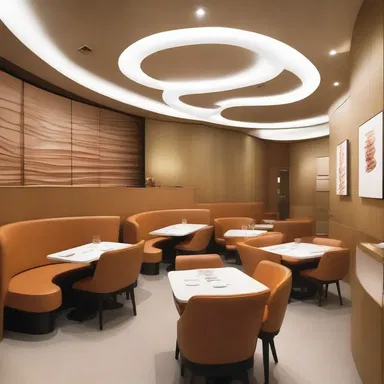 The modern restaurant's interior design featured sleek and minimalistic elements, with enteral structures resembling the curves and lines of the human intestines.
