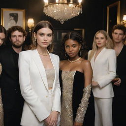 Hyper-realistic image of the white characters from 'Euphoria' at a house party with an elegant black and gold decor. Their unique styles contrast sharply against the backdrop, infusing the scene with a sense of edgy elegance and drama.