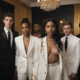 Hyper-realistic image of the white characters from 'Euphoria' at a house party with an elegant black and gold decor. Their unique styles contrast sharply against the backdrop, infusing the scene with a sense of edgy elegance and drama.