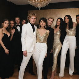 Hyper-realistic image of the white characters from 'Euphoria' at a house party with an elegant black and gold decor. Their unique styles contrast sharply against the backdrop, infusing the scene with a sense of edgy elegance and drama.