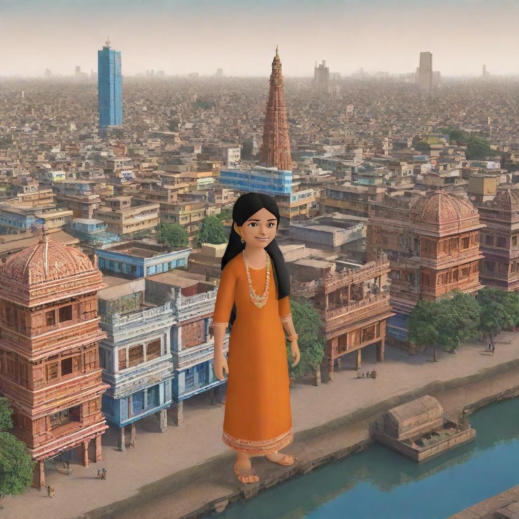 A detailed cityscape of Ahmedabad, India with an animated avatar representing the user in traditional Indian clothing, exploring the city's cultural hotspots and landmarks.