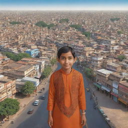 A detailed cityscape of Ahmedabad, India with an animated avatar representing the user in traditional Indian clothing, exploring the city's cultural hotspots and landmarks.