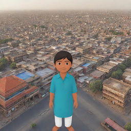 A detailed cityscape of Ahmedabad, India with an animated avatar representing the user in traditional Indian clothing, exploring the city's cultural hotspots and landmarks.