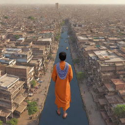 A detailed cityscape of Ahmedabad, India with an animated avatar representing the user in traditional Indian clothing, exploring the city's cultural hotspots and landmarks.