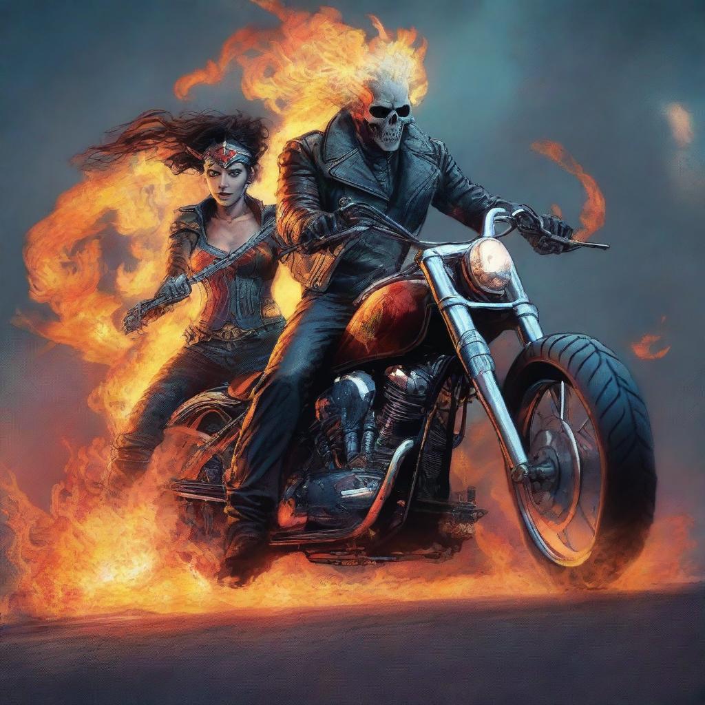 A high-quality digital art image showcasing Ghost Rider from Marvel and Wonder Woman from DC