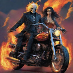 A high-quality digital art image showcasing Ghost Rider from Marvel and Wonder Woman from DC