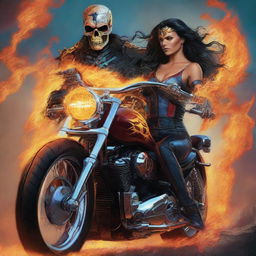 A high-quality digital art image showcasing Ghost Rider from Marvel and Wonder Woman from DC