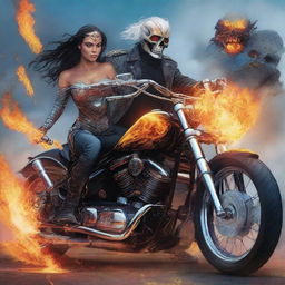 A high-quality digital art image showcasing Ghost Rider from Marvel and Wonder Woman from DC