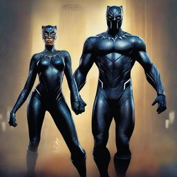 A stunning digital art piece featuring Black Panther from Marvel and Catwoman from DC