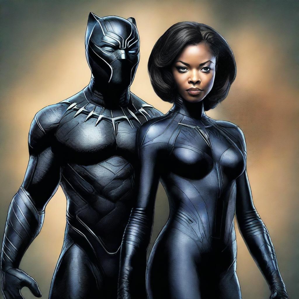 A stunning digital art piece featuring Black Panther from Marvel and Catwoman from DC