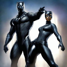 A stunning digital art piece featuring Black Panther from Marvel and Catwoman from DC