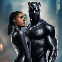 A stunning digital art piece featuring Black Panther from Marvel and Catwoman from DC