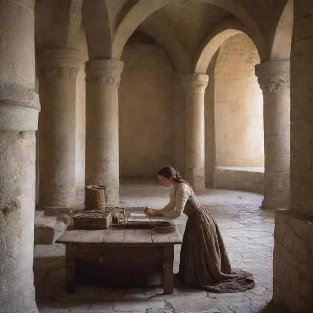 A diligent woman working inside a grand medieval castle. Her attire reflects her humble status, but her determined demeanor underscores her vital role within the castle.