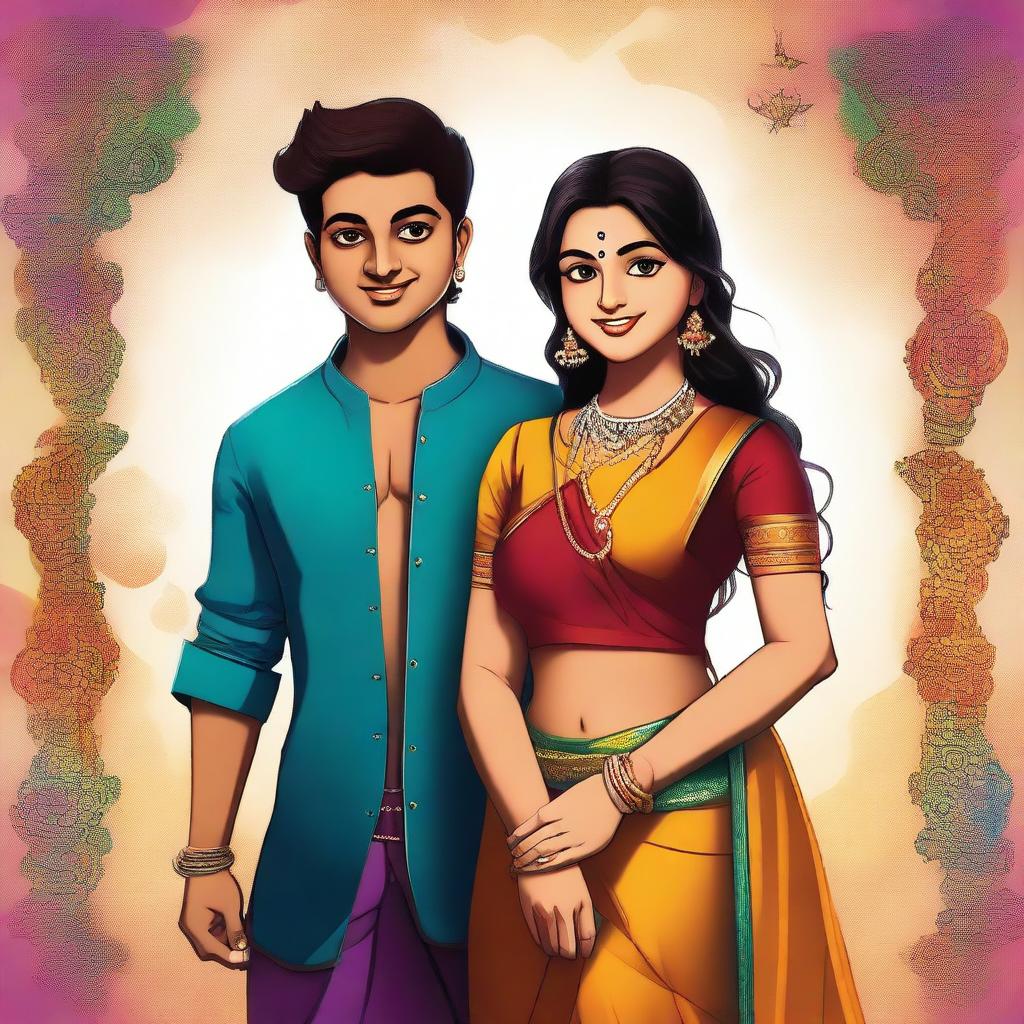 A high-quality, vibrant digital art image that features two characters, Gokul and Bhavya