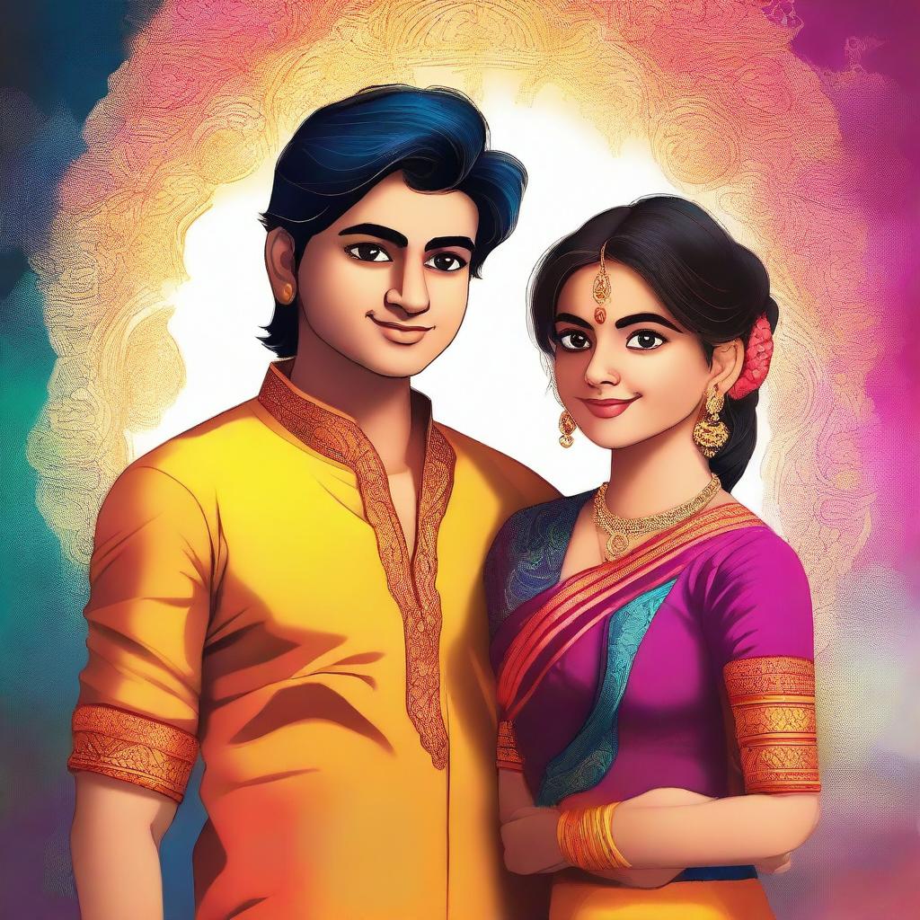 A high-quality, vibrant digital art image that features two characters, Gokul and Bhavya