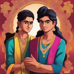 A high-quality, vibrant digital art image that features two characters, Gokul and Bhavya