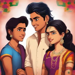 A high-quality, vibrant digital art image that features two characters, Gokul and Bhavya