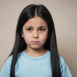 A ten-year-old girl with a sad expression and black hair