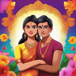 An exquisite digital art image showcasing two characters, Gokul and Saranya