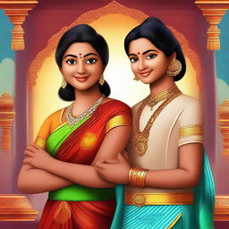 An exquisite digital art image showcasing two characters, Gokul and Saranya