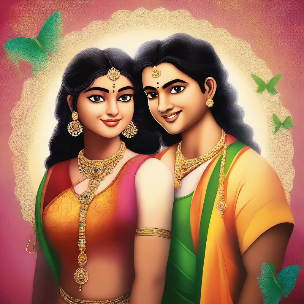 An exquisite digital art image showcasing two characters, Gokul and Saranya