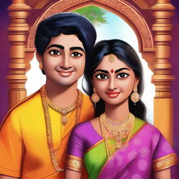 An exquisite digital art image showcasing two characters, Gokul and Saranya