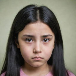 A ten-year-old girl with a sad expression and black hair