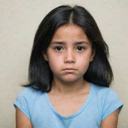 A ten-year-old girl with a sad expression and black hair