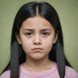 A ten-year-old girl with a sad expression and black hair