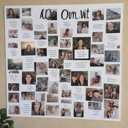 An inspiring vision board, filled with motivational quotes, bucket list places, dream job, fitness goals, images of loved ones, and anything that invokes positivity and encouragement.