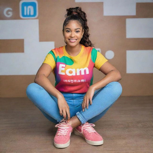 A confident, enterprising woman, who looks like a social media marketer, seated amid Instagram logos. She wears a colorful shirt and sneakers, with the bold phrase 'earn_with_alisha08' displayed prominently behind her.