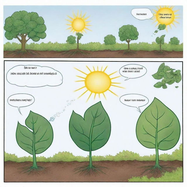 Create a comic strip that visually describes the process of photosynthesis. Start with the absorption of sunlight by green leaves, then to the conversion into food with the help of water and carbon dioxide, and end with the release of oxygen.