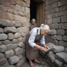 An elderly woman laboring within the stone walls of a majestic castle. Her aging hands deftly carry out her tasks—her role signifying her unwavering dedication to her work.