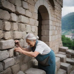 An elderly woman laboring within the stone walls of a majestic castle. Her aging hands deftly carry out her tasks—her role signifying her unwavering dedication to her work.